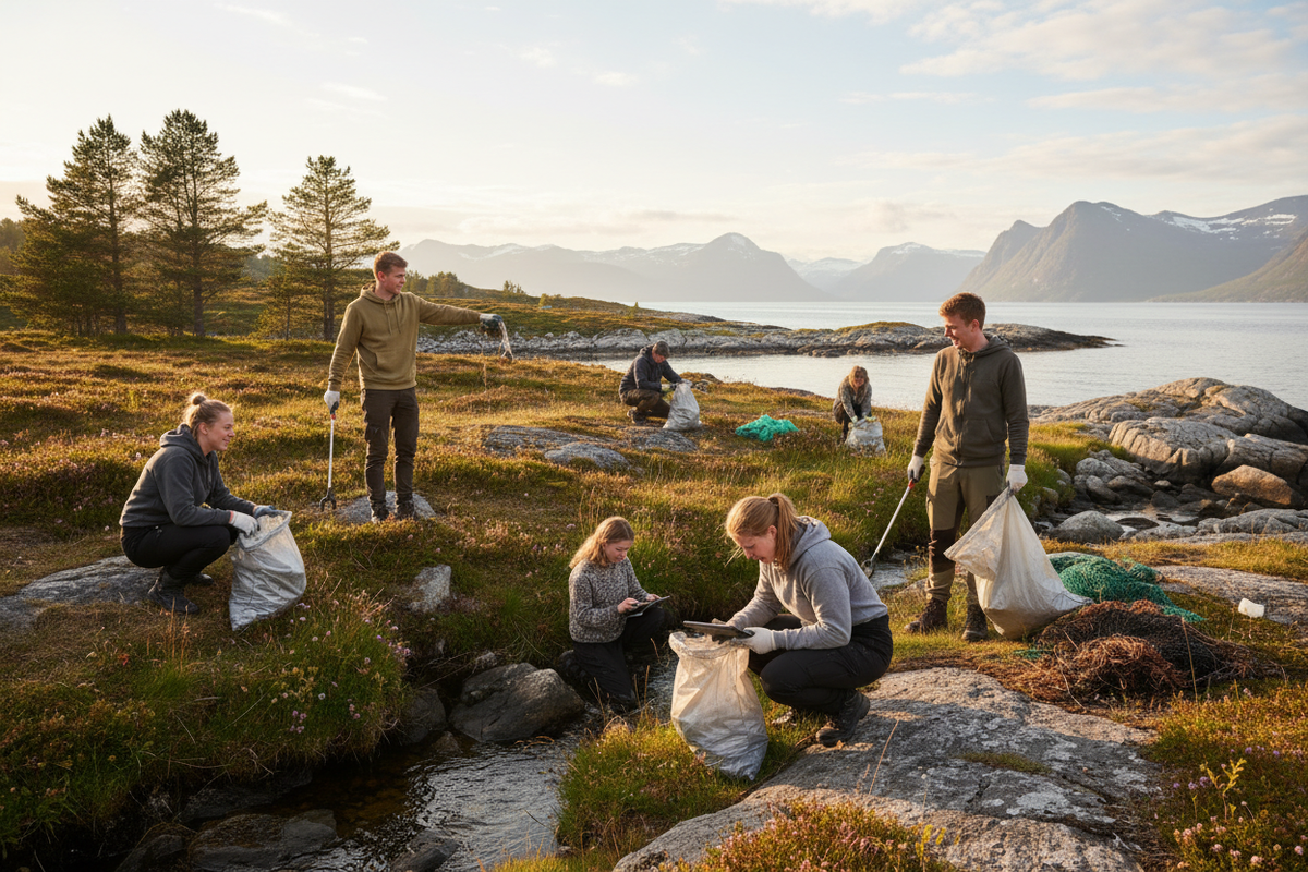 AI-bildeprompt (til bilde-generator)

Generate a realistic photo of young volunteers or community members working outdoors in Norwegian nature.
They are engaged, cleaning up or documenting nature.
Soft natural light, Scandinavian coastal or grassland landscape, authentic colors.
No logos, no text.
Focus on youth, teamwork, and environmental conservation.